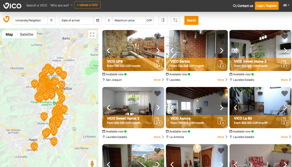 Homepage of the website getvico.com to find room in a shared housing in Medellin 
