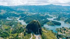 Aerial view of El Penol and Guatape with the blue lakes during a nice cloudy day in Antioquia, Colombia
