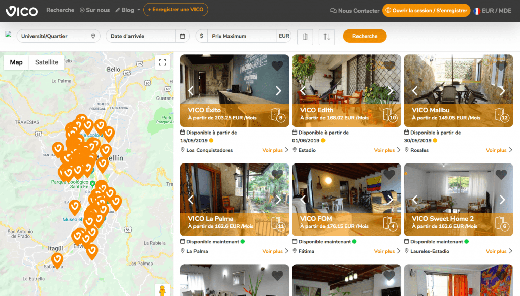 Page d'accueil de la plateforme getvico.com pour trouver une colocation à Medellin avec des filtres par université, par quartier ou par prix 