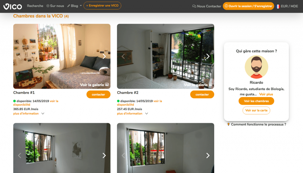 Page d'une maison sur getvico.com avec les photos des différentes chambres et leurs caractéristiques.