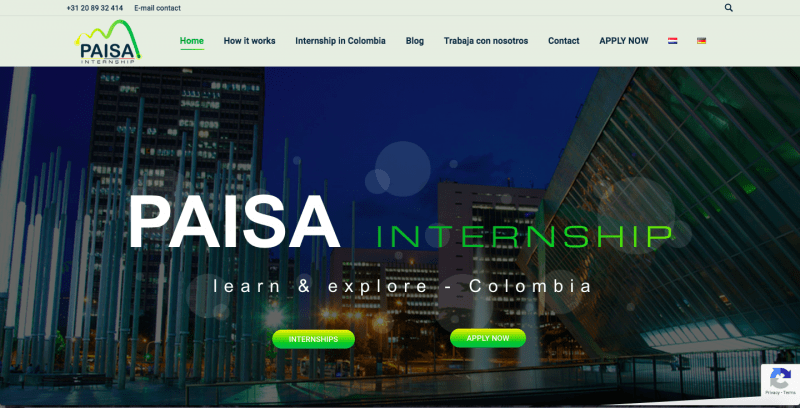 Homepage of the website paisaintenship.com to find an internship in Colombia