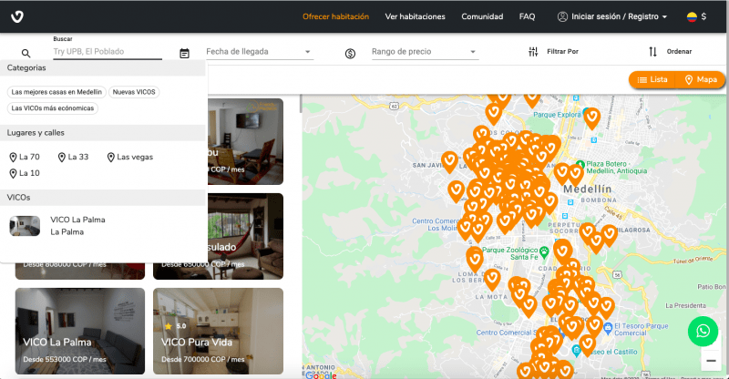 Página de inicio del sitio web getvico.com para alquilar una habitación en una vivienda compartida en Medellín 