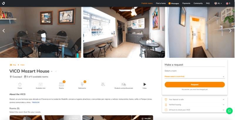 Page of a house on getvico.com with pictures of its different social spaces.