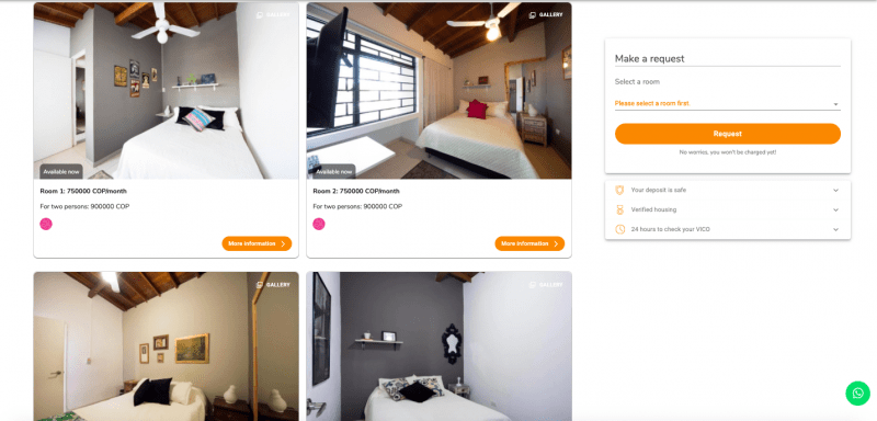 Page of a house on getvico.com with pictures of its different bedrooms and their caracteristics.
