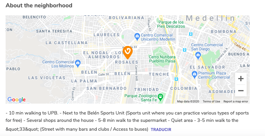 Page of a house in Medellin on getvico.com with its exact location on GoogleMaps