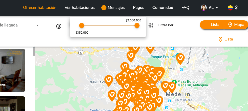 Página de inicio del sitio web getvico.com para encontrar una habitación en Medellín. La página ofrece la opción de filtrar la búsqueda por precio. 