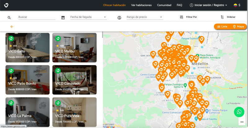 Página de inicio del sitio web getvico.com para encontrar espacio en una vivienda compartida en Medellín 