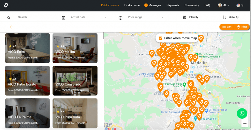 screenshot of www.getvico.com with more than 850 rooms to rent in Medellín